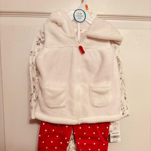 Carter’s Baby Girl 3-Piece Fleece Vest Outfit Red Polka Dot 12M - Picture 1 of 8